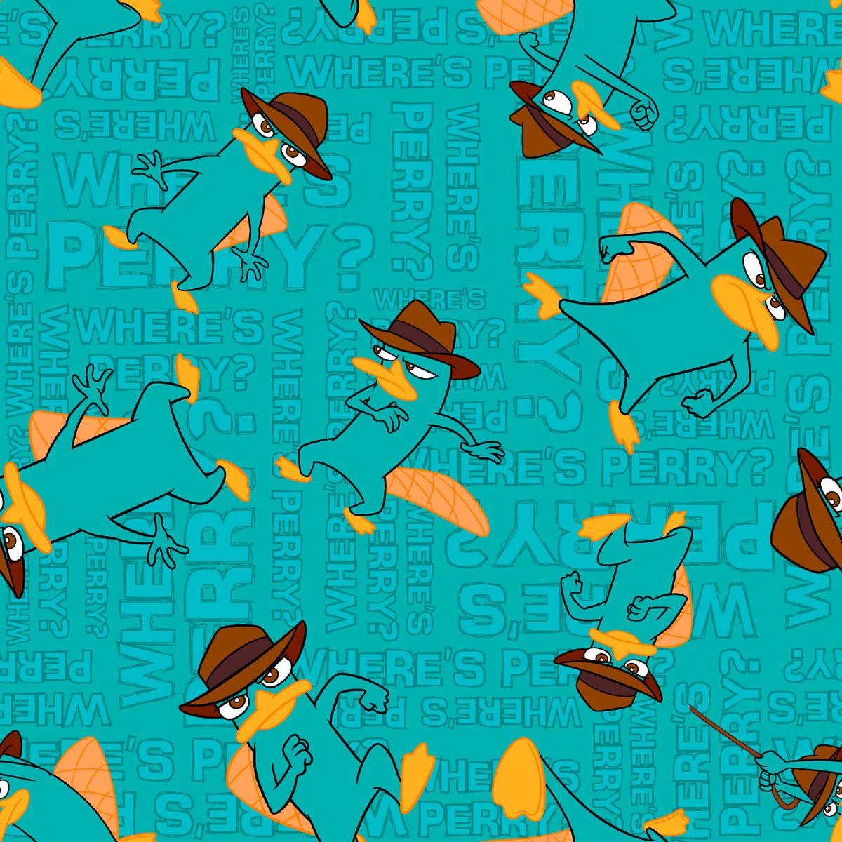 Disney Phineas & Ferb Perry Platypus Toss on Teal Fabric
