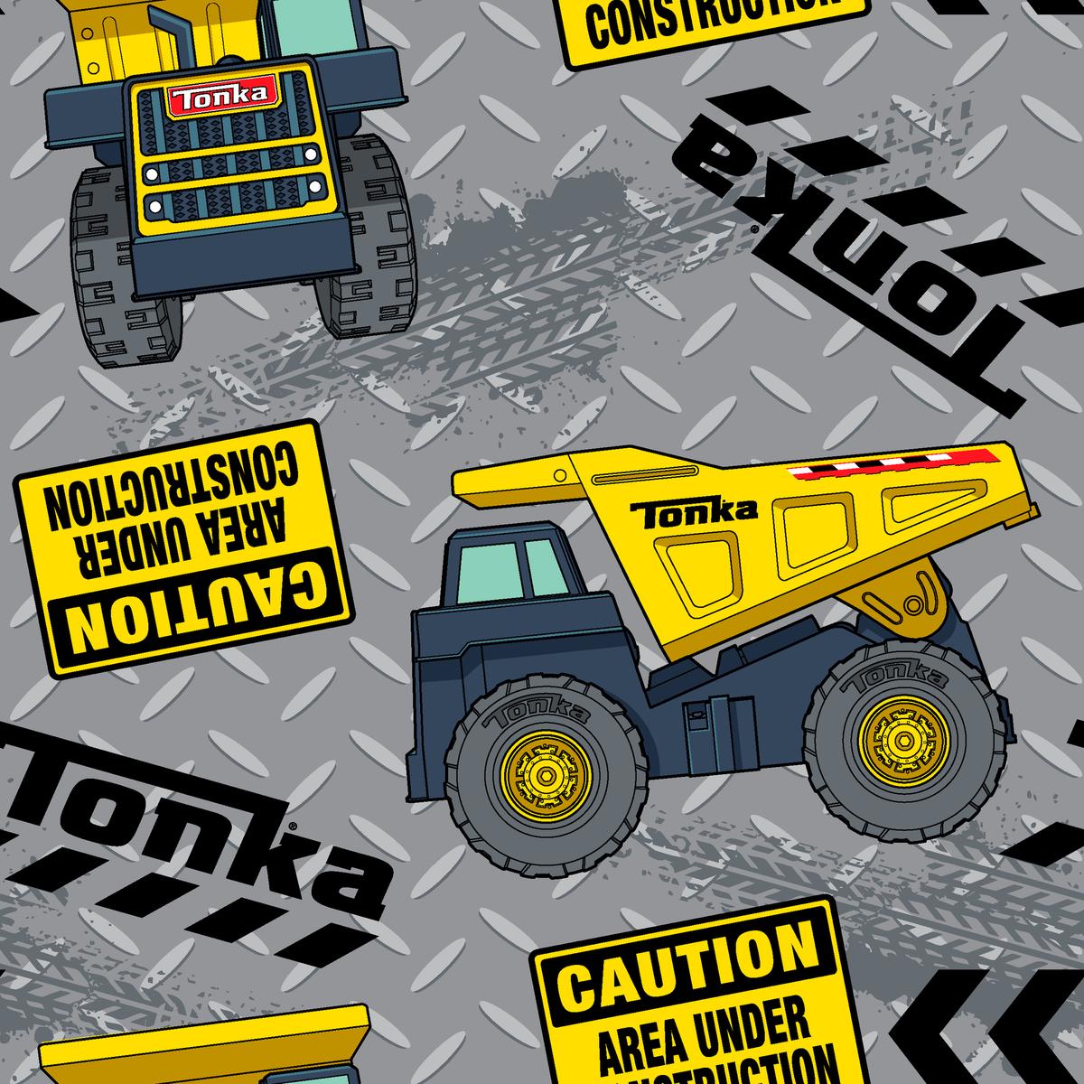 Hasbro Tonka Construction Trucks on Gray Metal Fabric