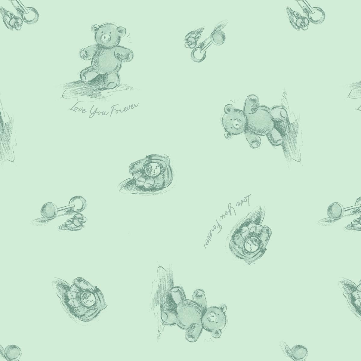 Love You Forever Bears on Green Fabric