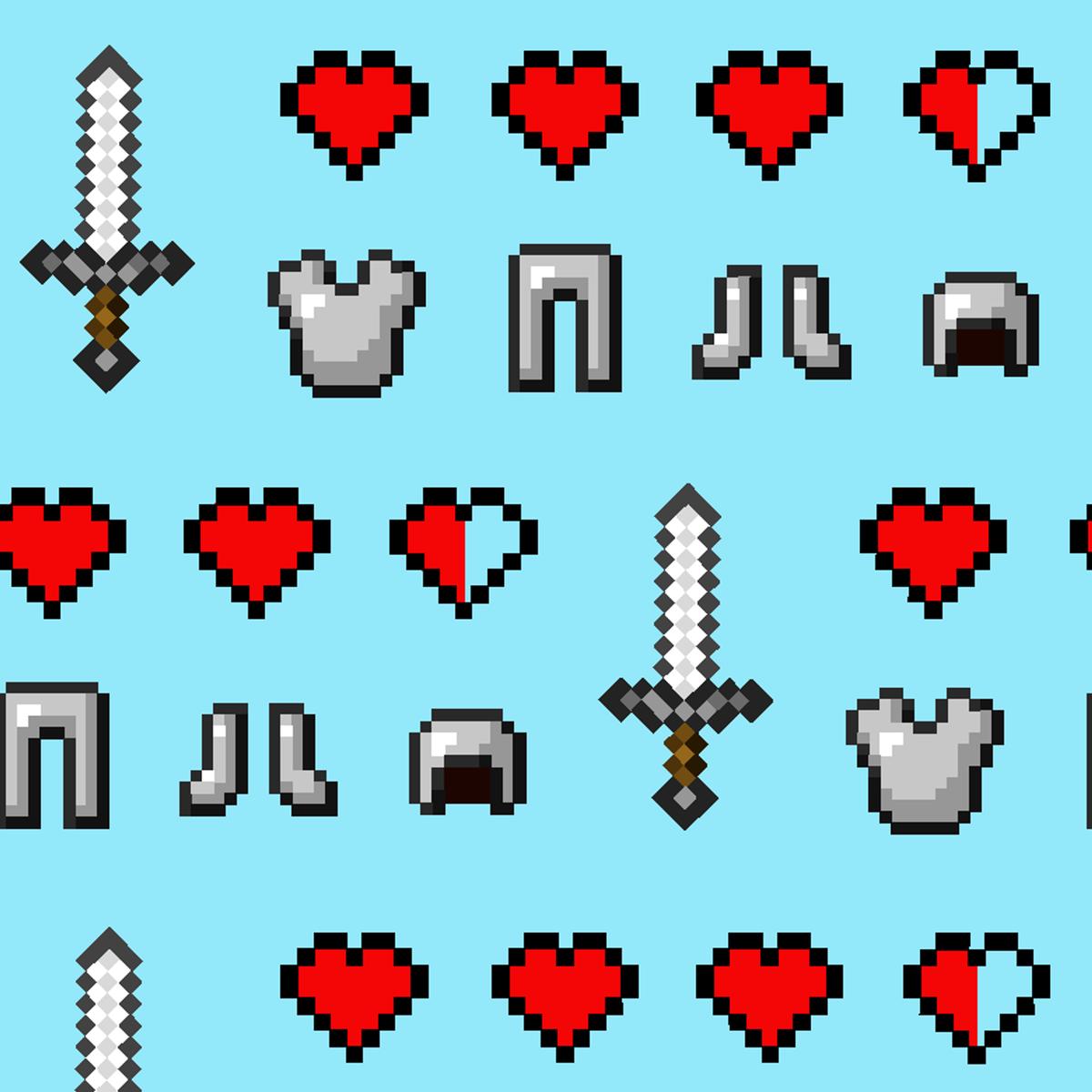 Minecraft Pixel Art Icons on Blue Fabric