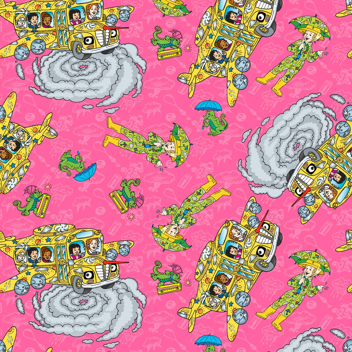 The Magic School Bus Weather Adventure on Pink Fabric