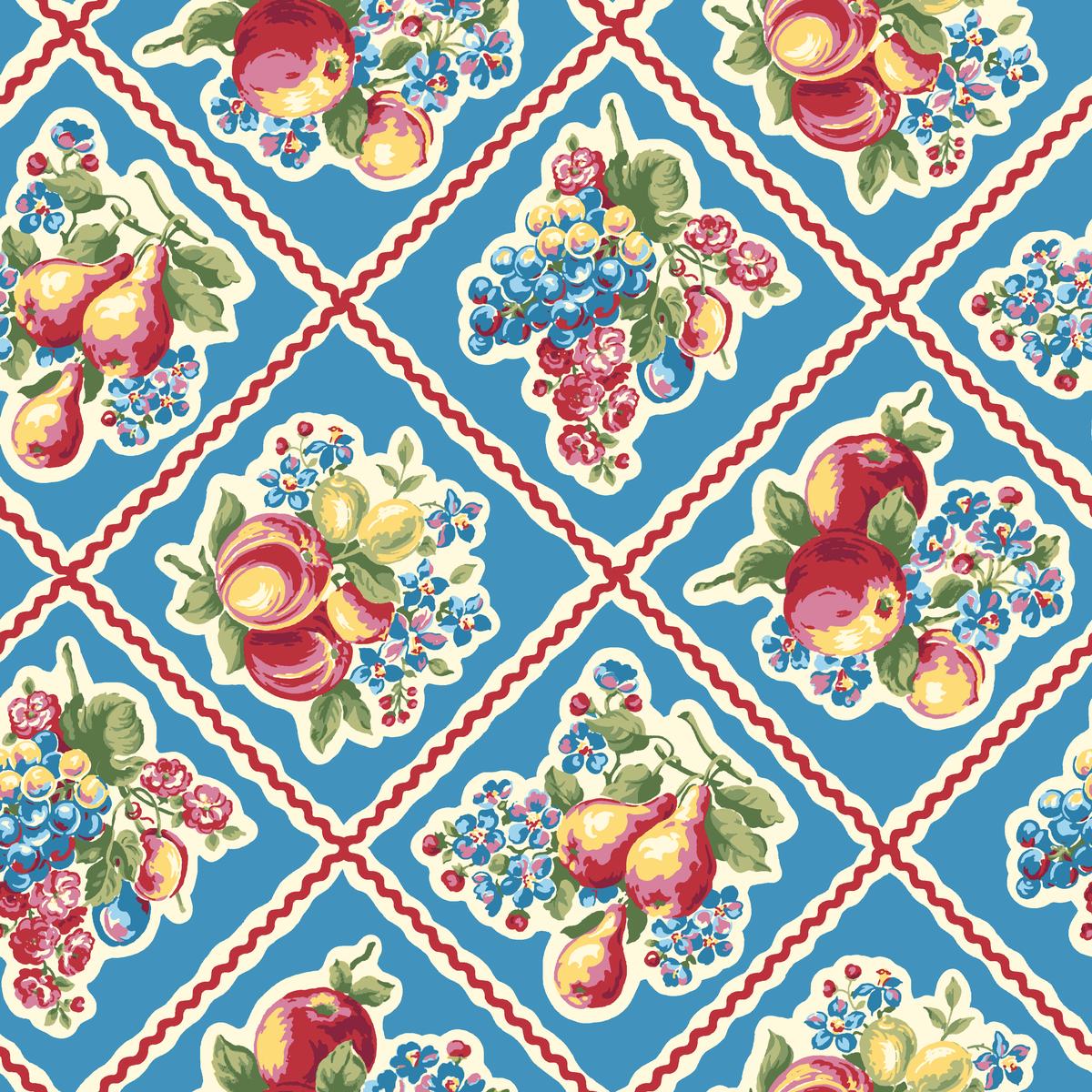 Vintage Fruit Lattice on Blue Fabric