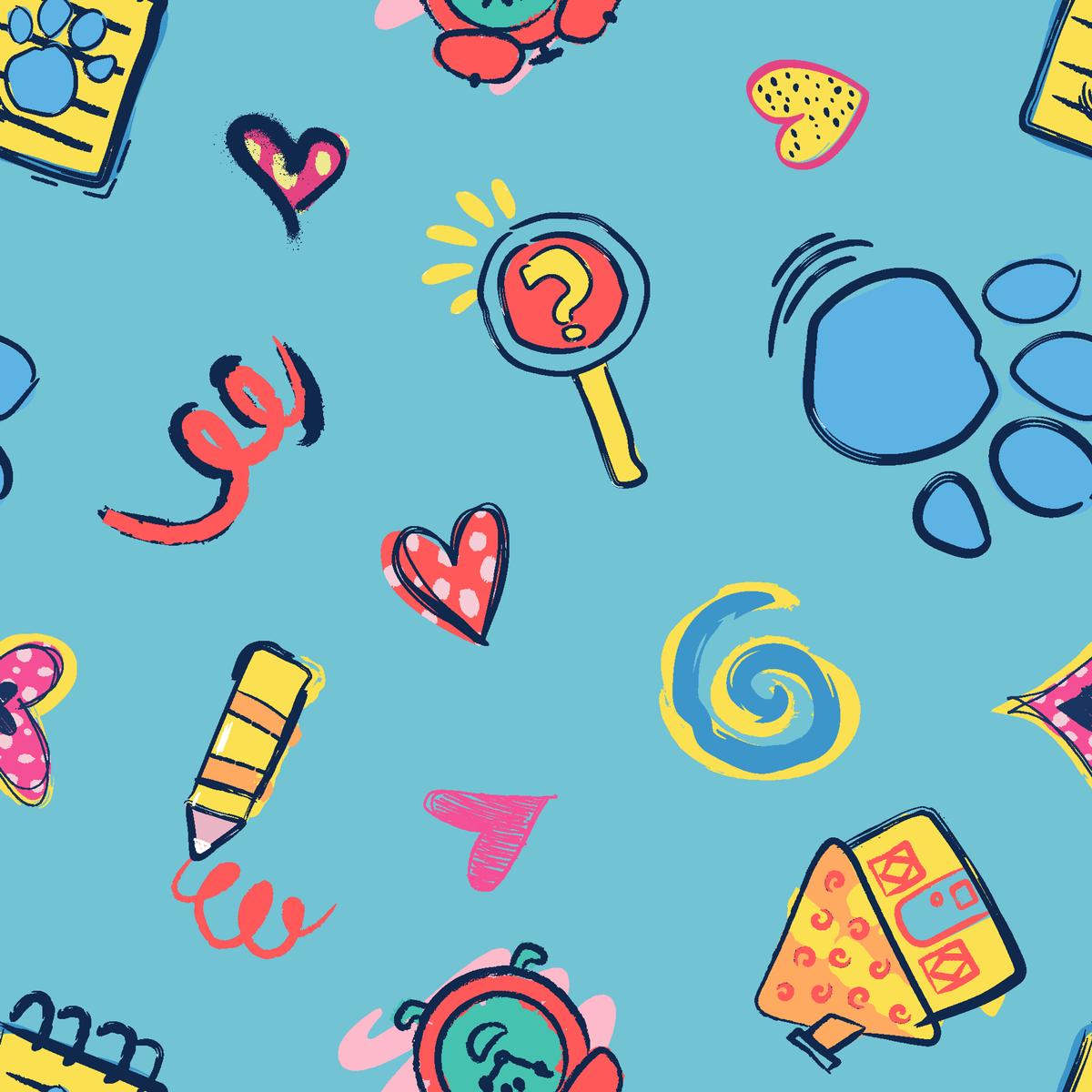 Blues Clues Doodle Icons on Light Blue Fabric