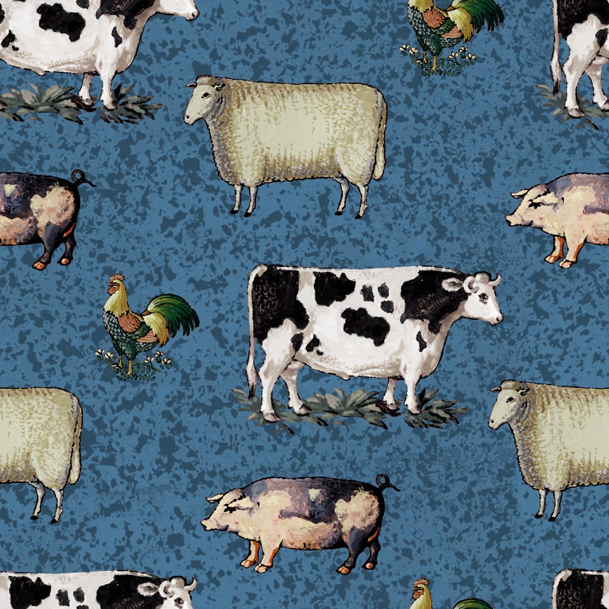 Country Farm Animals on Blue Fabric