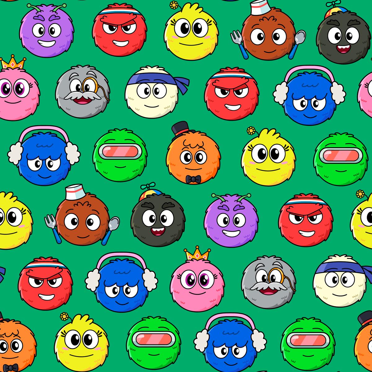 English Tree Colorful Fuzzies Face Pattern on Green Fabric