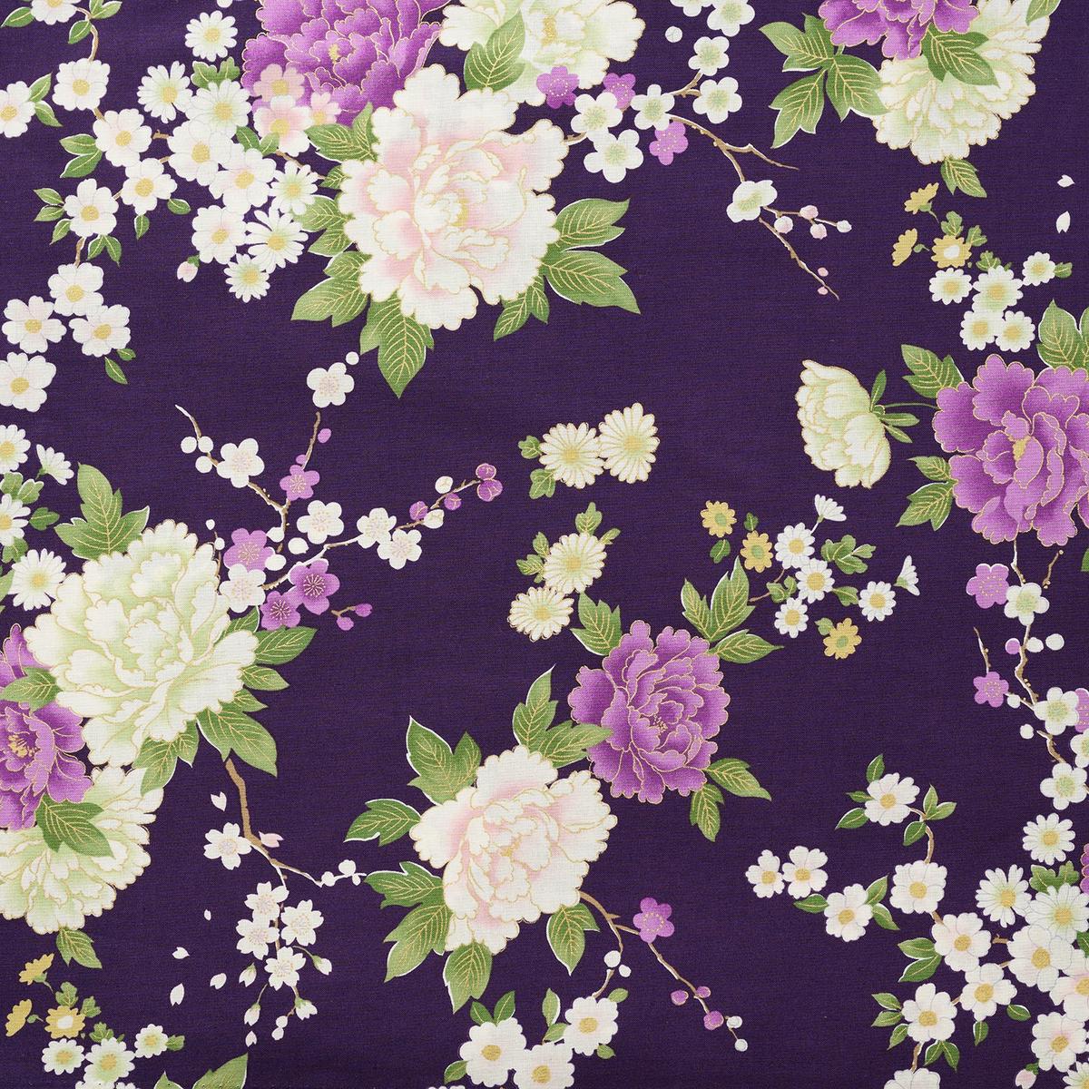 Japanese Peony Prints Cotton Sheeting - Purple YGA-79070-2