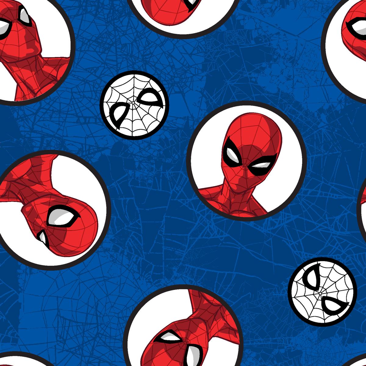 Marvel Spider-Man Circle Badges on Blue Fabric