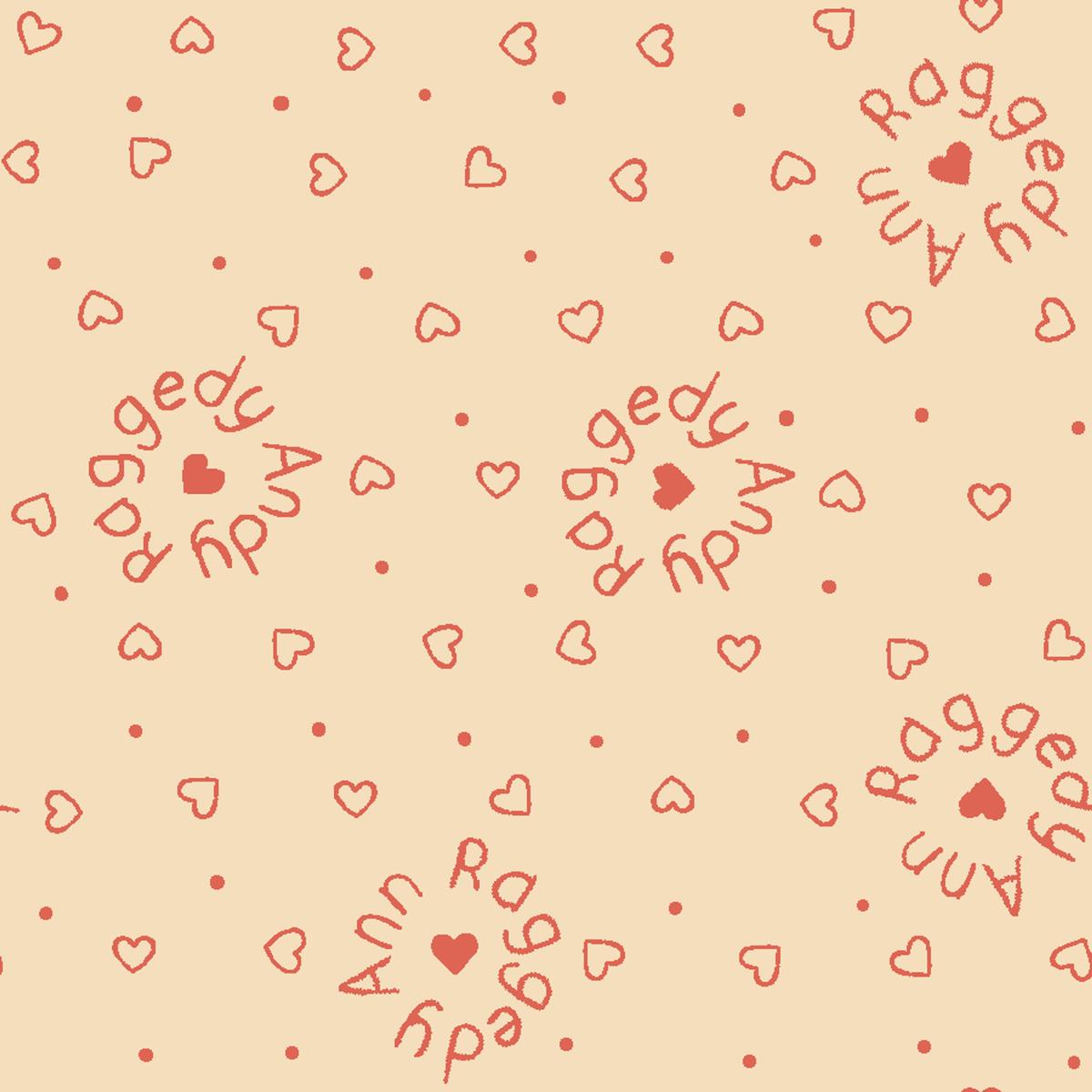 Raggedy Ann and Andy Text and Hearts Cream Fabric