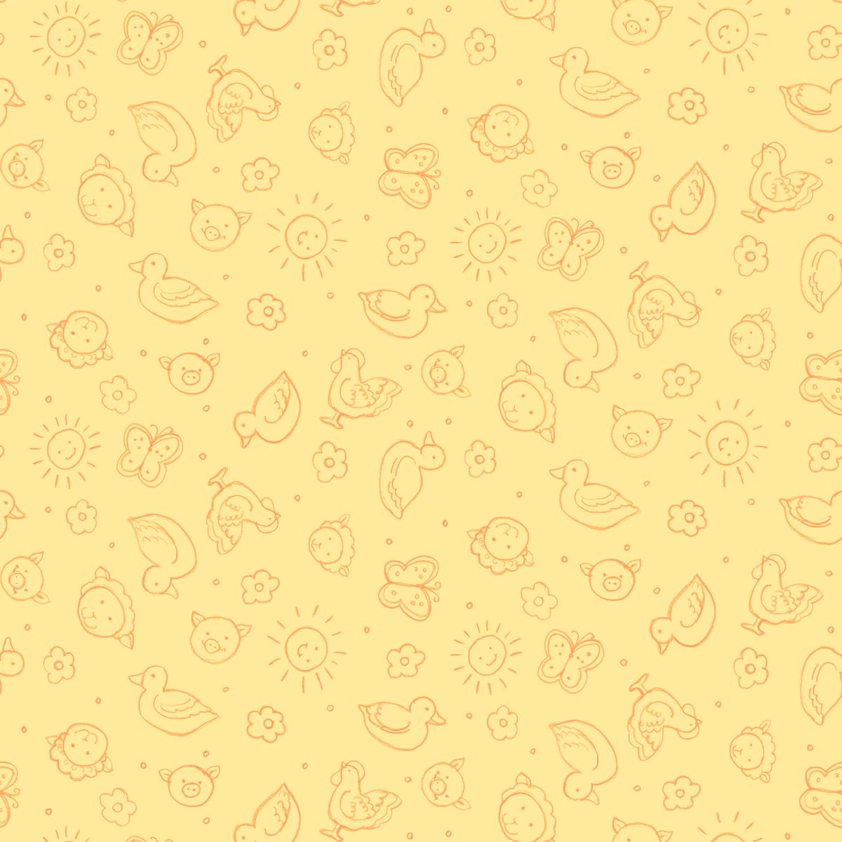 Susan Winget Barnyard Animal Doodle on Yellow Fabric