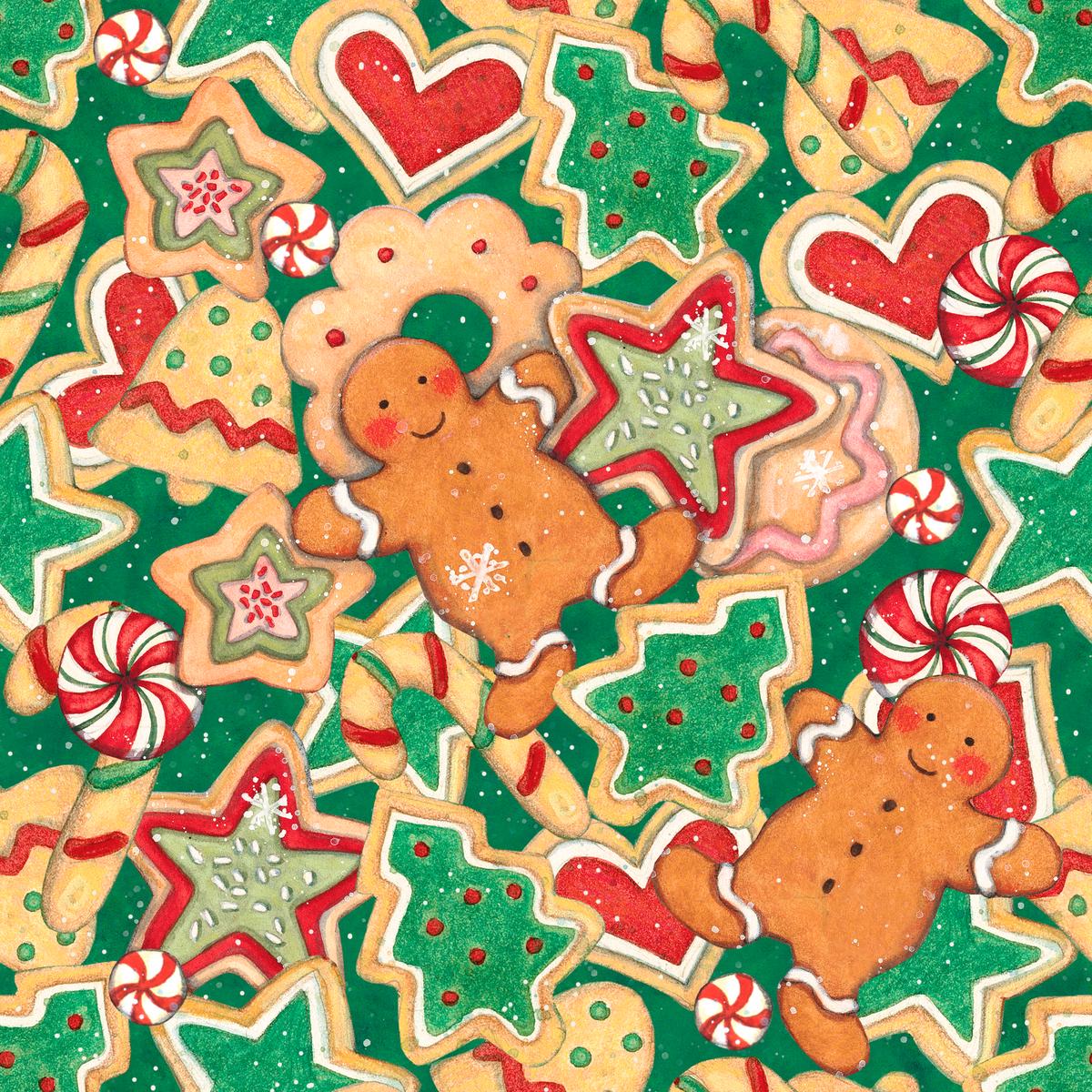 Susan Winget Gingerbread Christmas Cookie on Green and Red Fabric