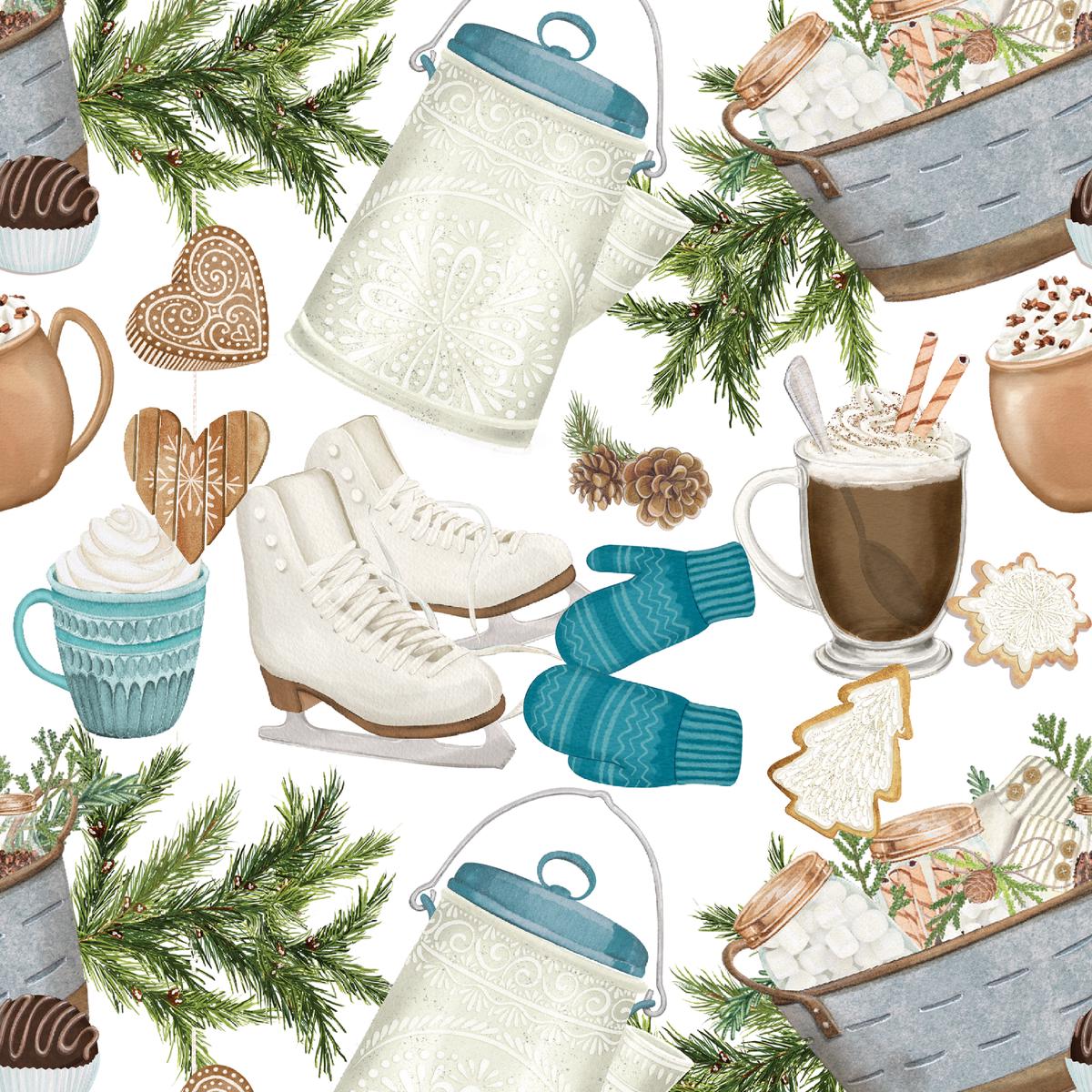 Winter Holiday Skate Snow & Hot Cocoa by Nicole Tamarin Fabric