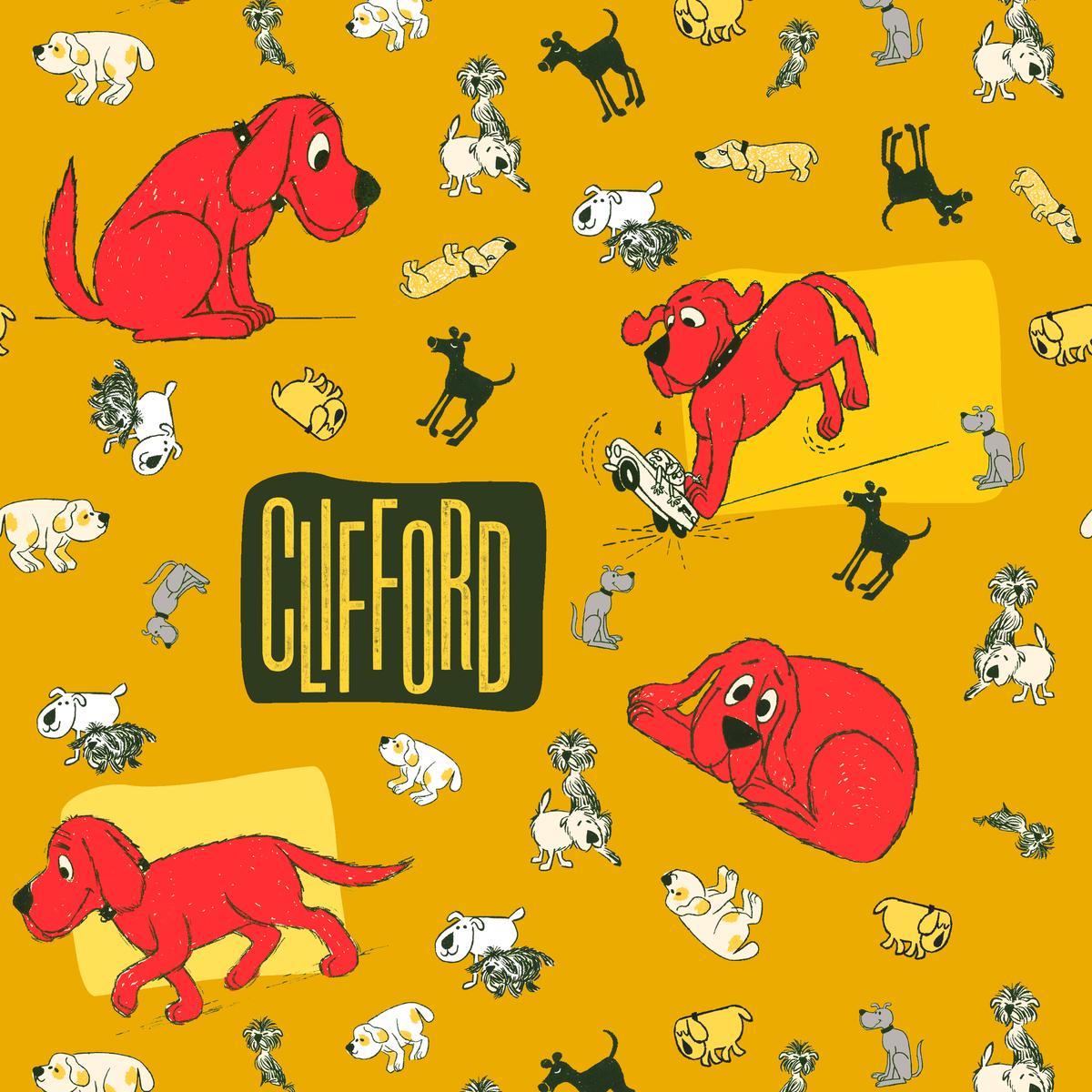 Clifford the Big Red Dog on Yellow Fabric
