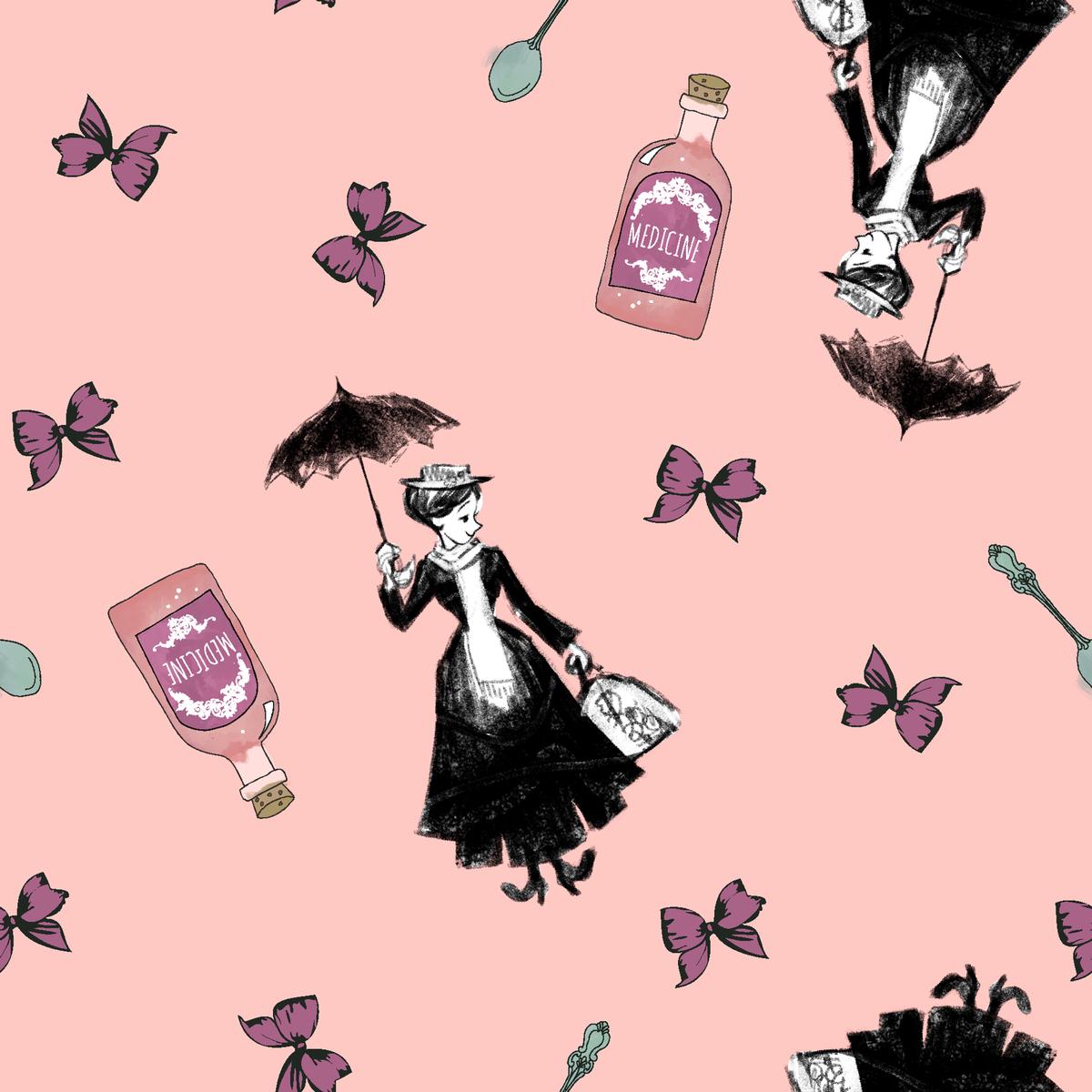 Disney Mary Poppins Pink Silhouette & Bows Fabric