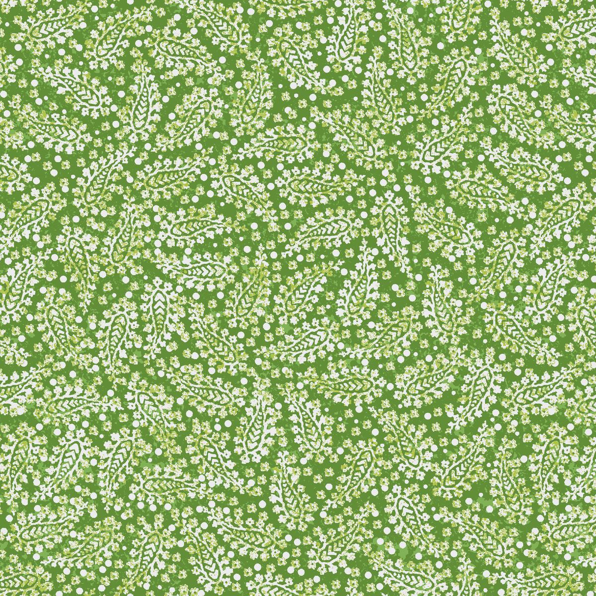 Small White Leaves on Green Fabric