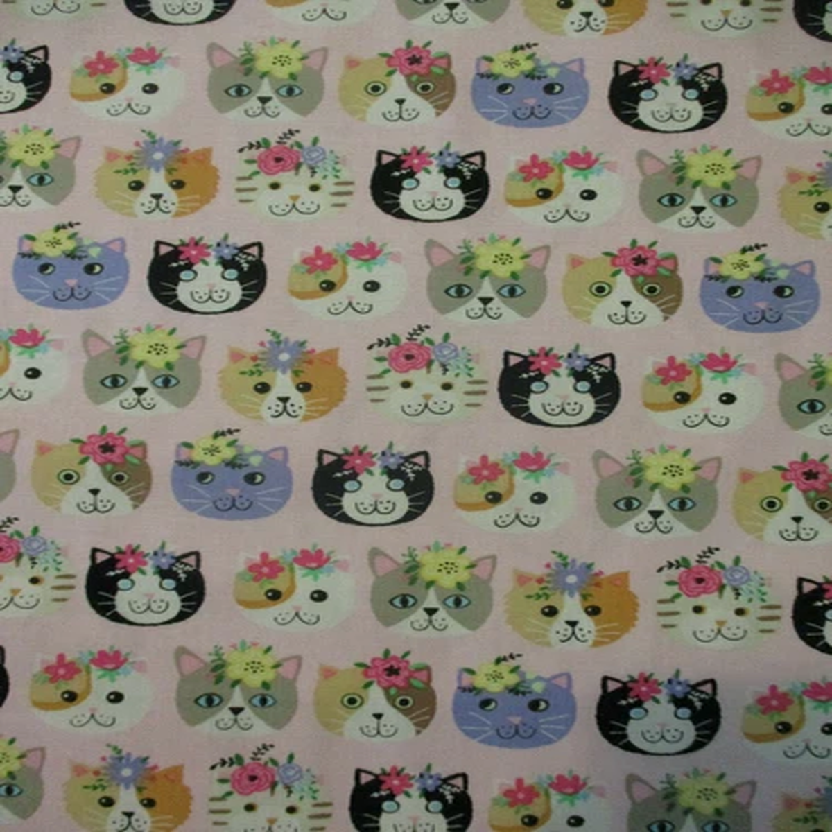 CATS FACES FLOWERS CAT ICON PINK KITTY COTTON FABRIC FQ