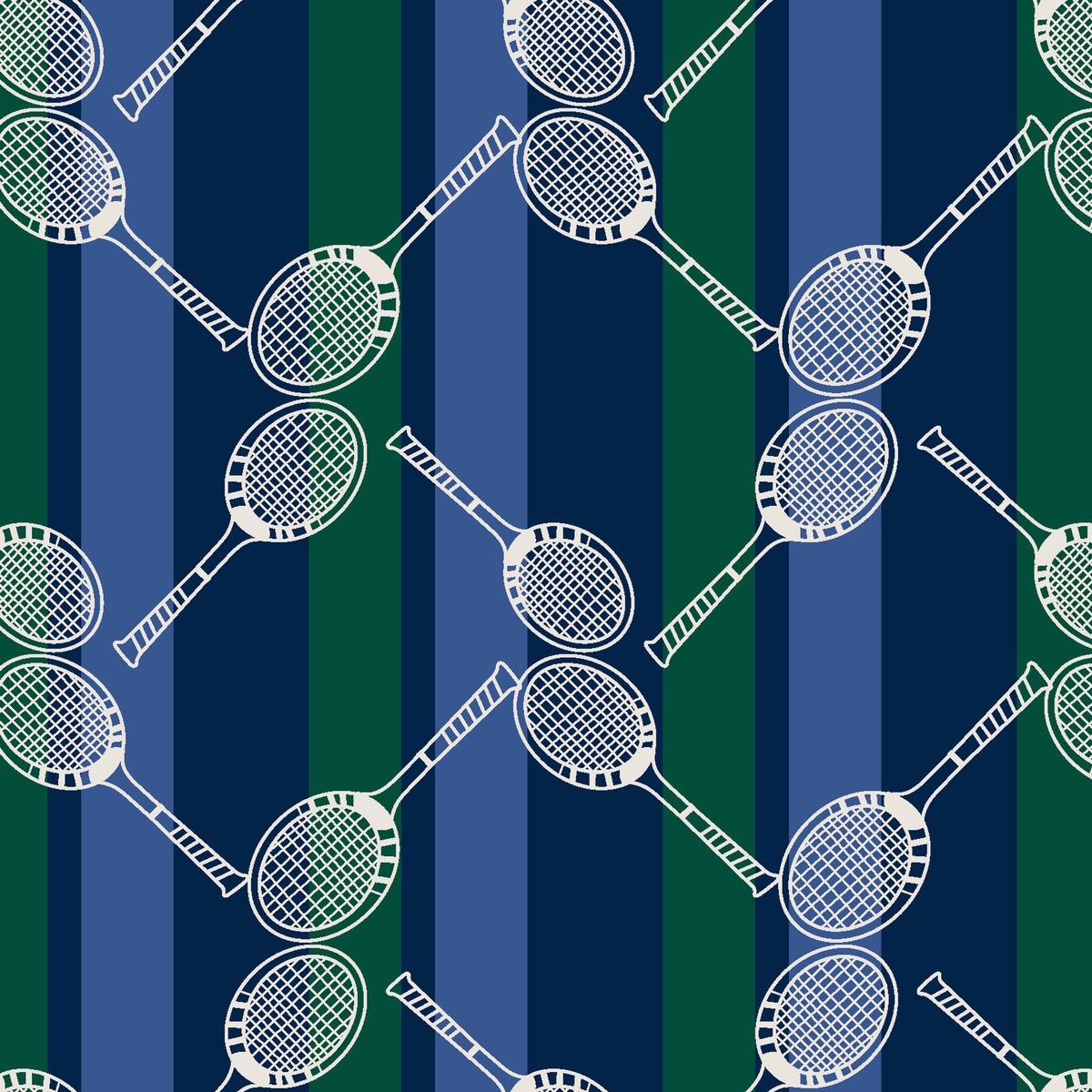 Geometric Rackets on Blue & Green Striped Fabric