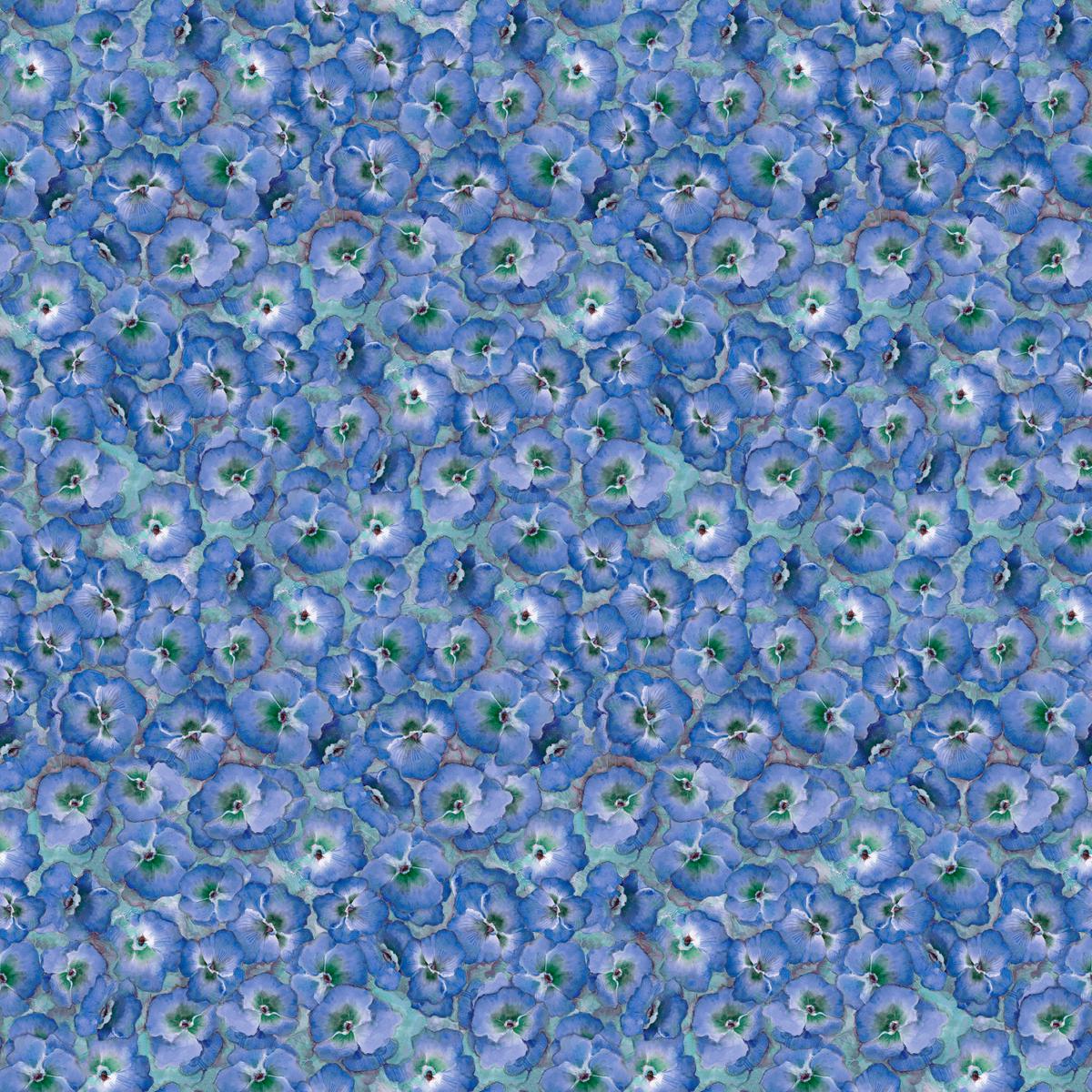 Susan Winget Packed Pansies on Blue Fabric