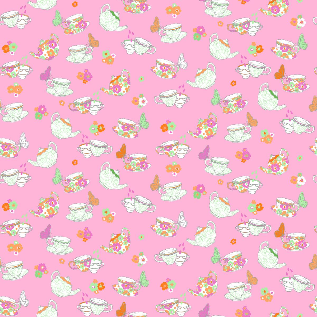 Tea Party on Pink Fabric
