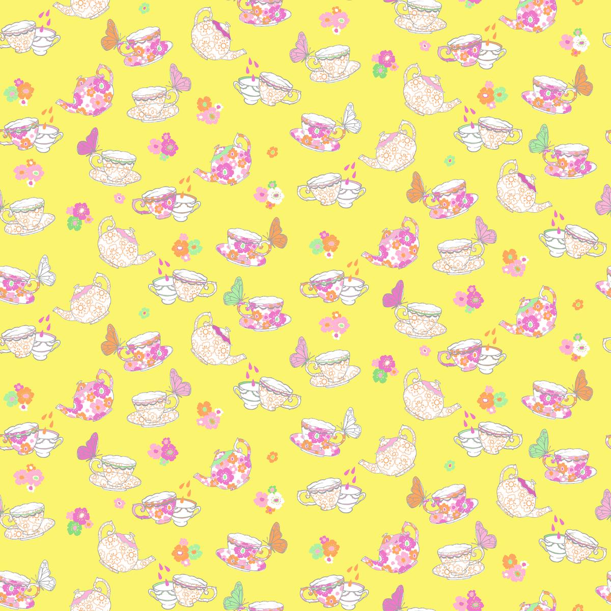 Tea Party on Yellow Fabric