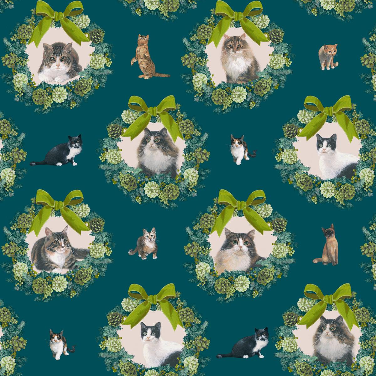 Wreath Kitty on Green Fabric