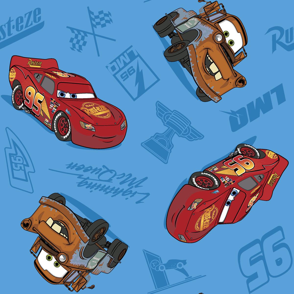 Disney and Pixar's Cars Lightning McQueen and Mater on Blue Fabric