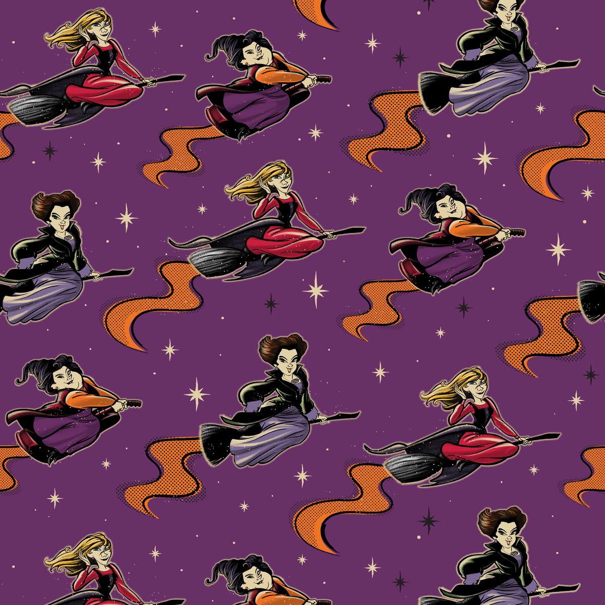 Disney Hocus Pocus Witches on Brooms Purple Night Sky Fabric