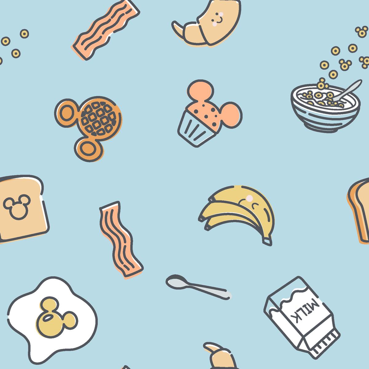 Disney Mickey Mouse Breakfast Food on Light Blue Fabric