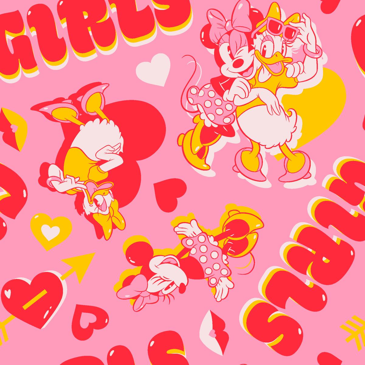 Disney Minnie Mouse and Daisy Duck Girls on Pink Fabric