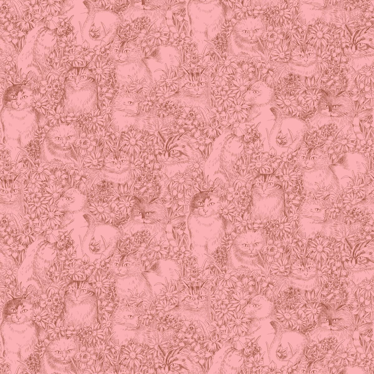 Floral Cat Sketch on Pink Fabric