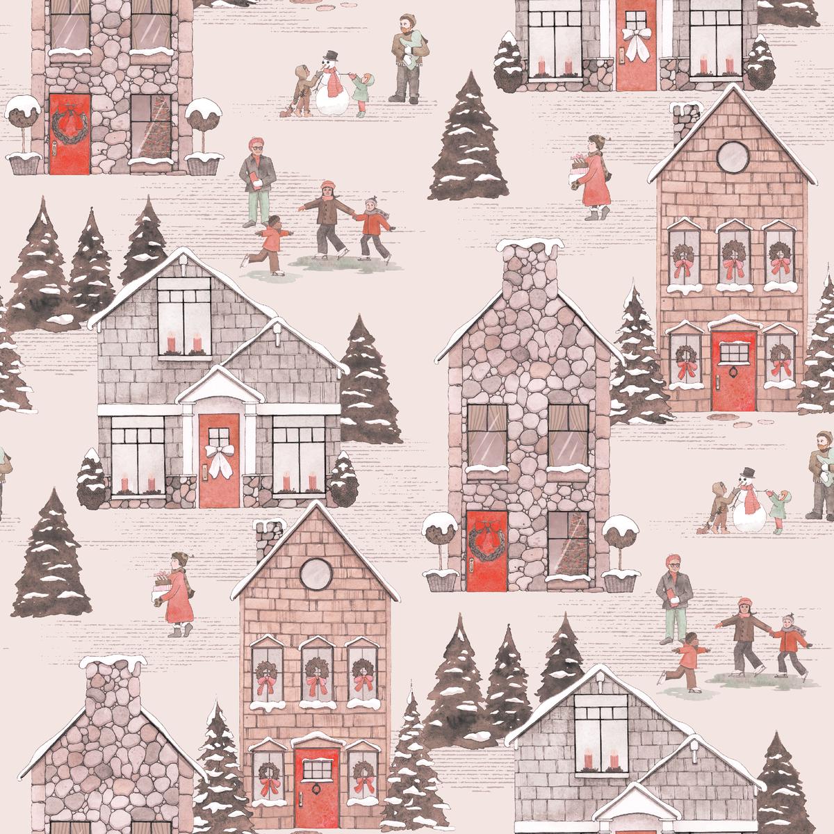 Holly Thomas Red Winter Village Holiday Neighborhood Fabric
