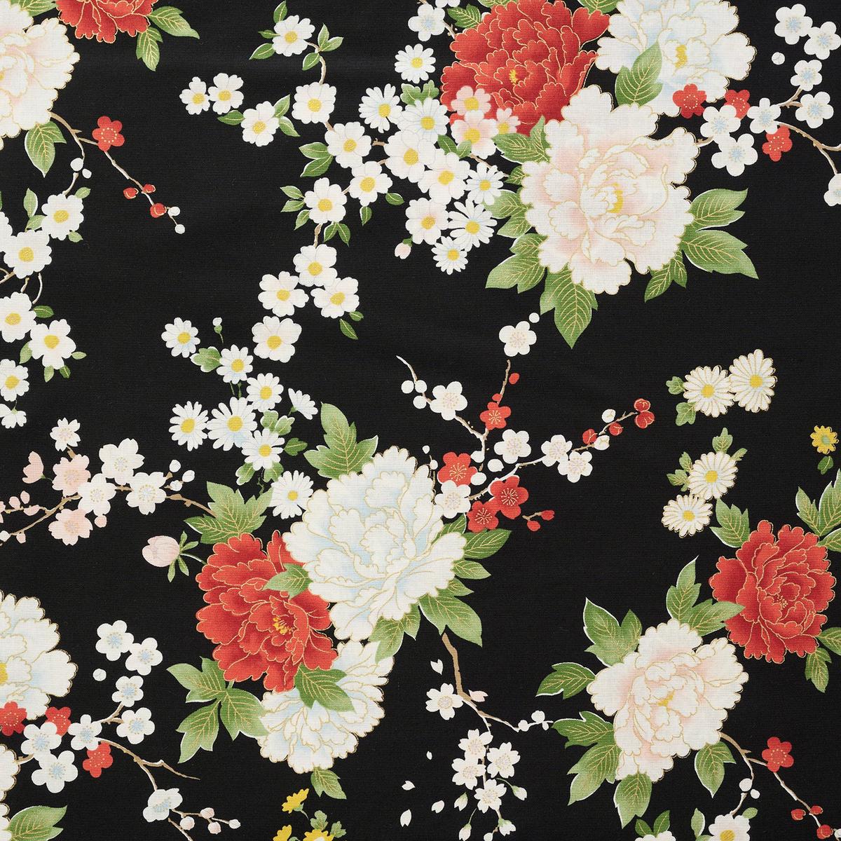 Japanese Peony Prints Cotton Sheeting -Black YGA-79070-2