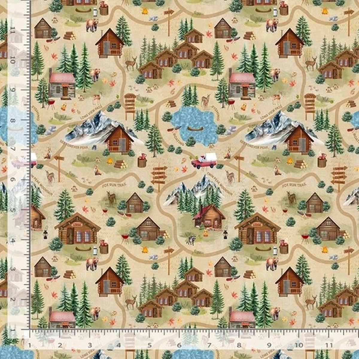 Nature Fabric | Cabin Rules Camp Map Scenic Beige | Timeless Treasures YARD