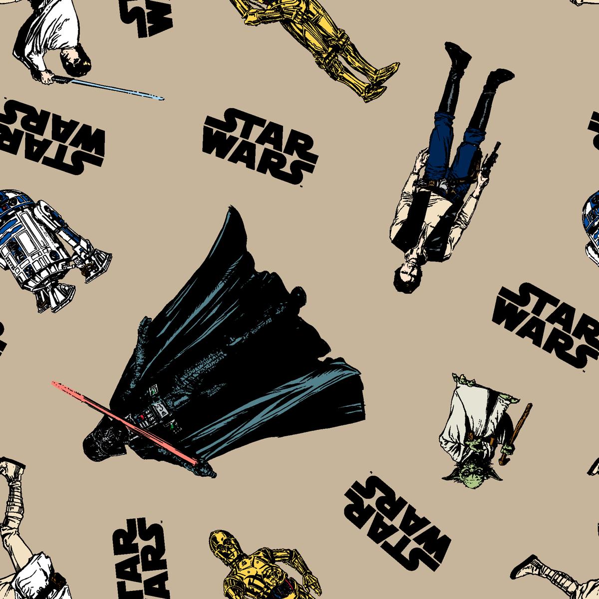 STAR WARS Logo and Character Toss on Tan Fabric