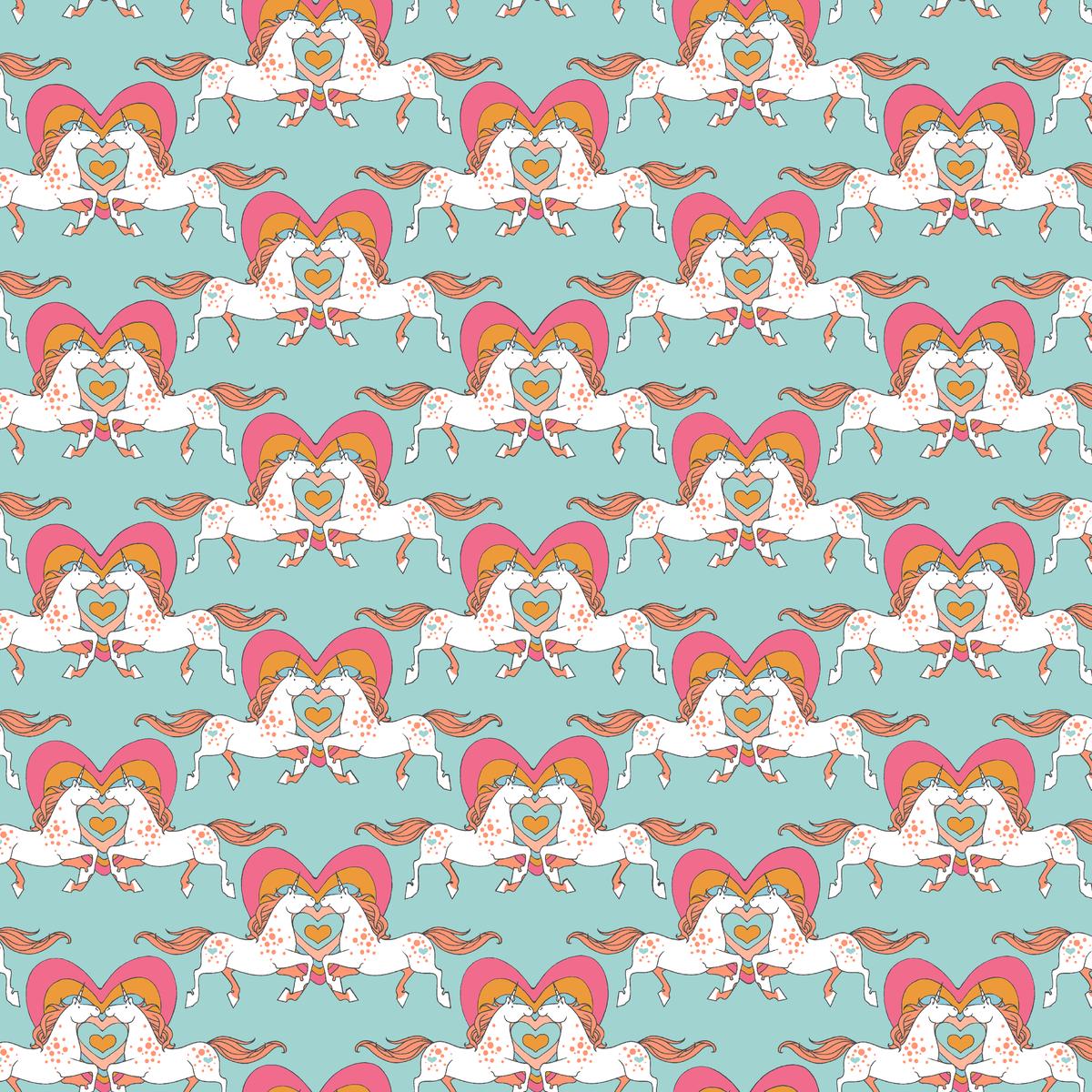 Unicorn Kisses on Bayou Blue Fabric