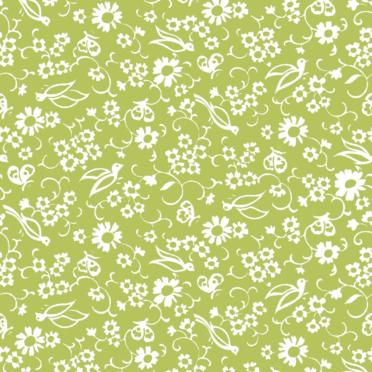 Vintage Floral Birds on Lime Green Fabric