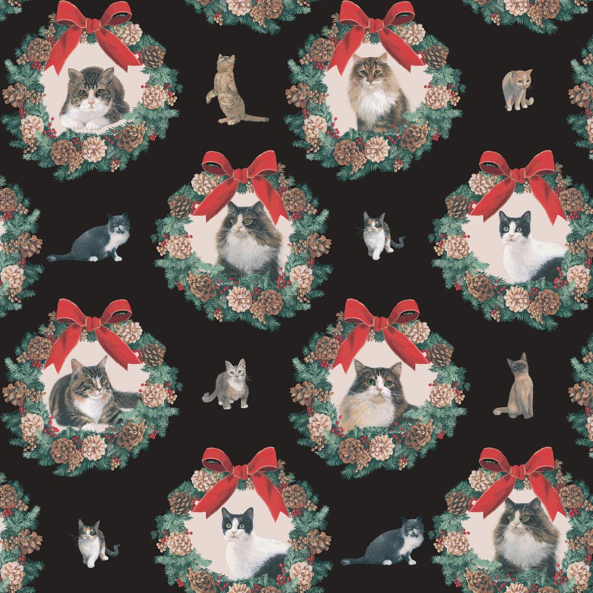 Wreath Kitty on Black Fabric