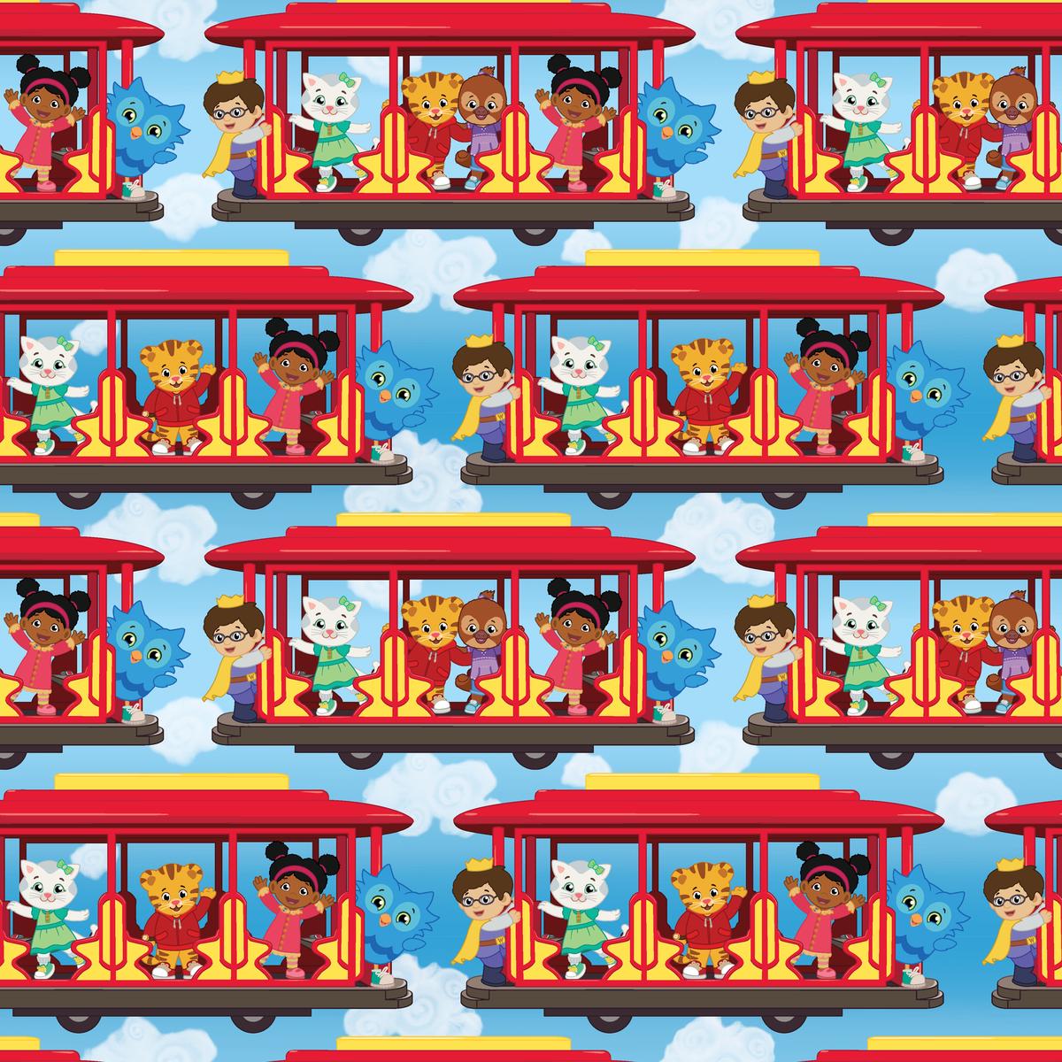 Daniel Tiger and Friends with Trolley on Blue Fabric