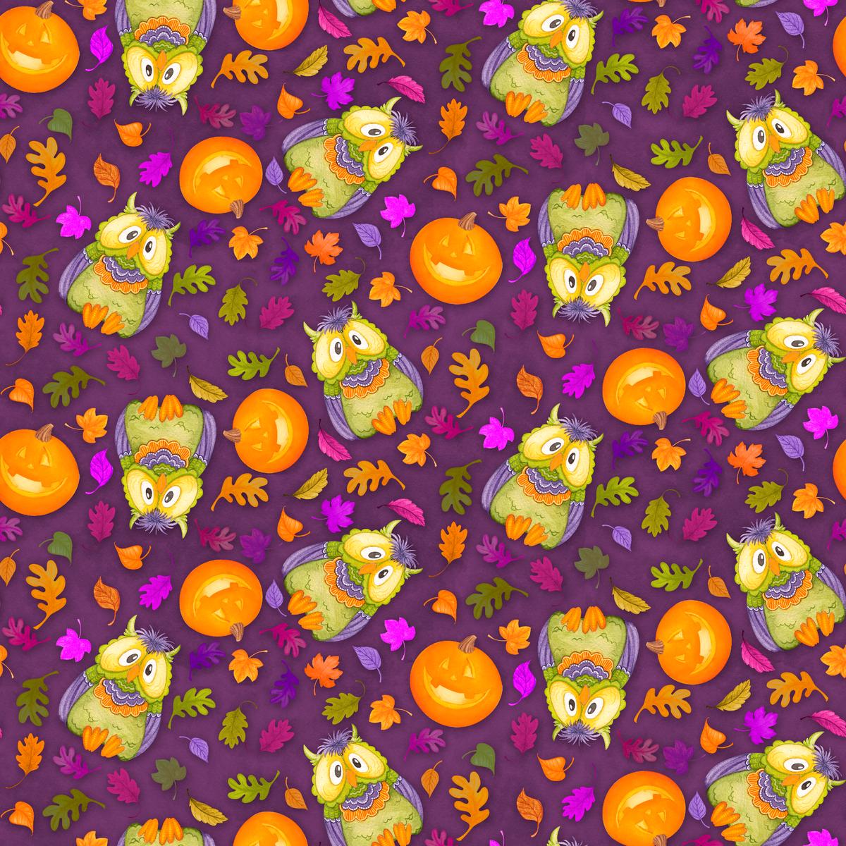 Halloween Happy Haunting Owls on Purple by Nicole Tamarin Fabric