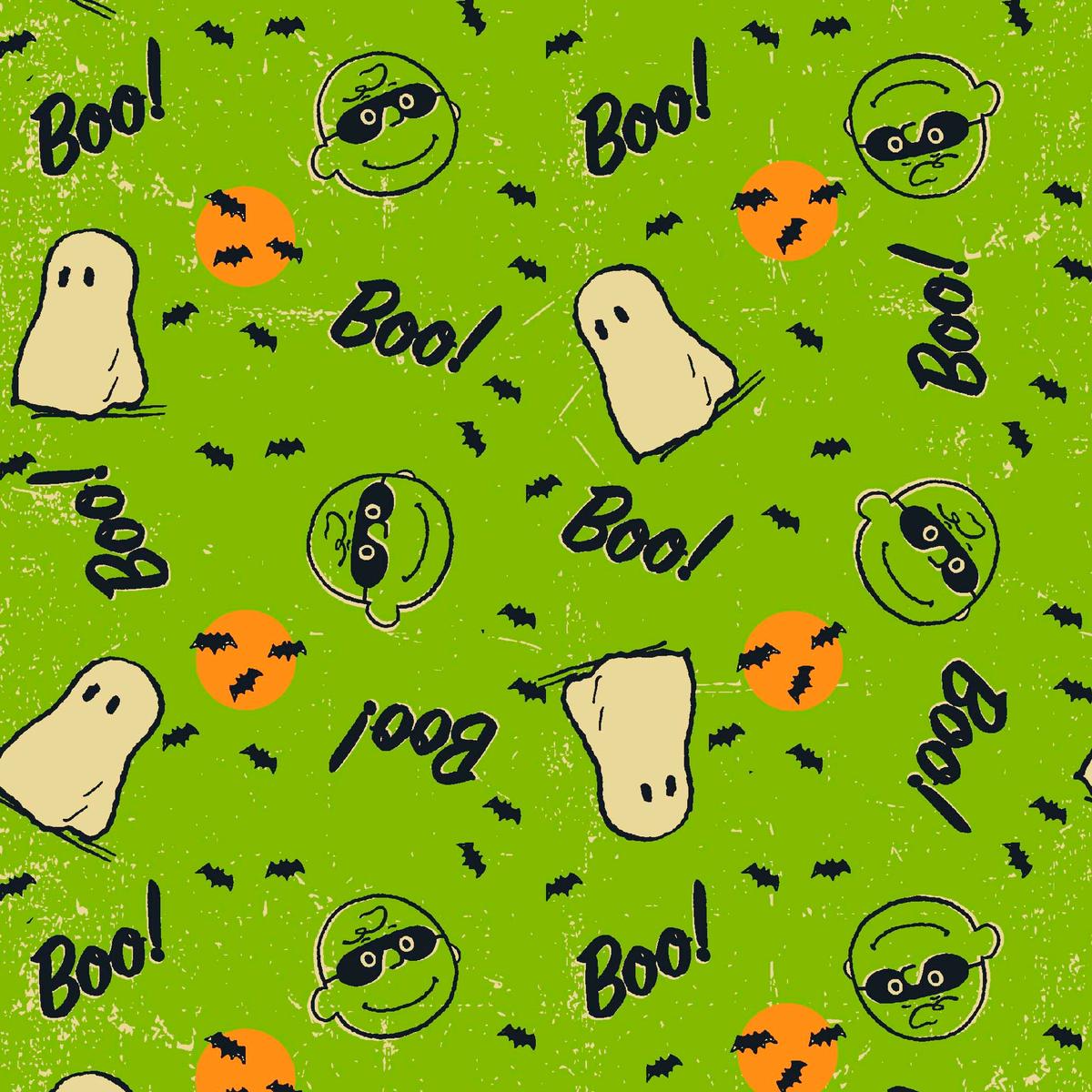 Peanuts Halloween Boo & Bats on Green Fabric