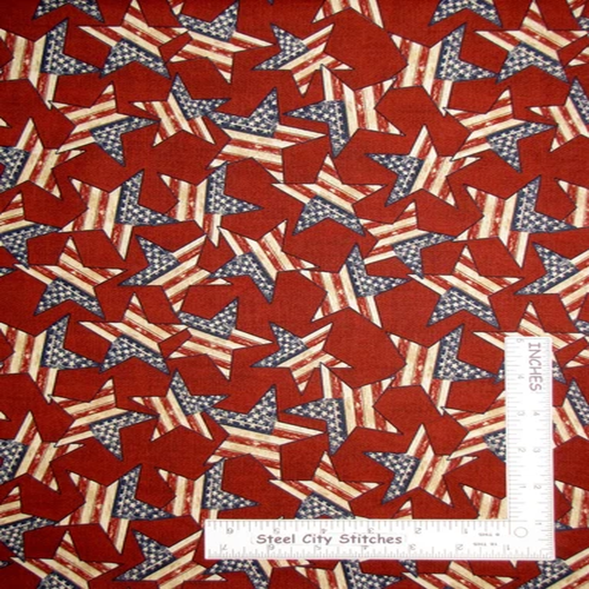 Patriotic Summer Primitive Stars Toss Red Cotton Fabric by 3 Wishes By The Yard