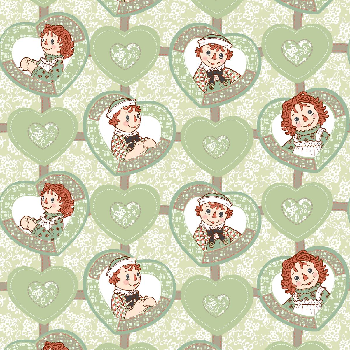 Raggedy Ann and Andy Heart Patch Green Fabric