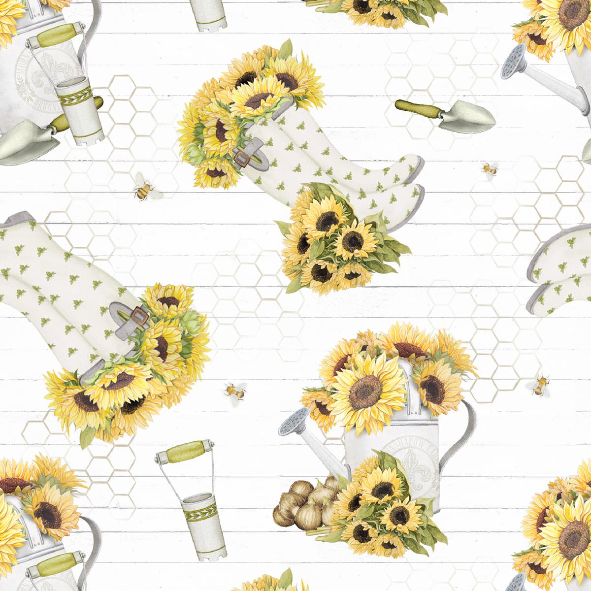 Sunflower Garden Watering Cans & Bees by Nicole Tamarin Fabric