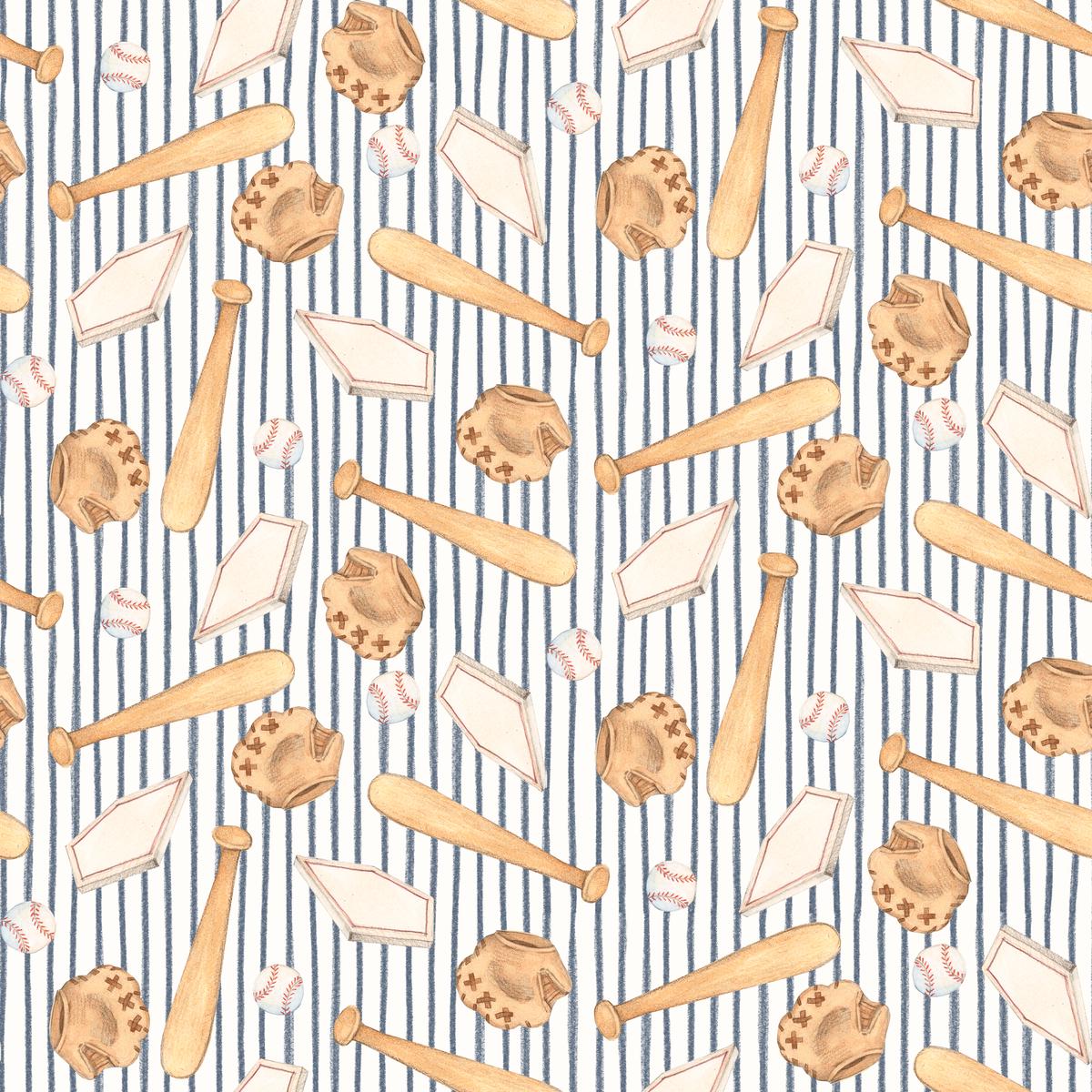 Susan Winget Baseball Ball and Bat Stripes Fabric