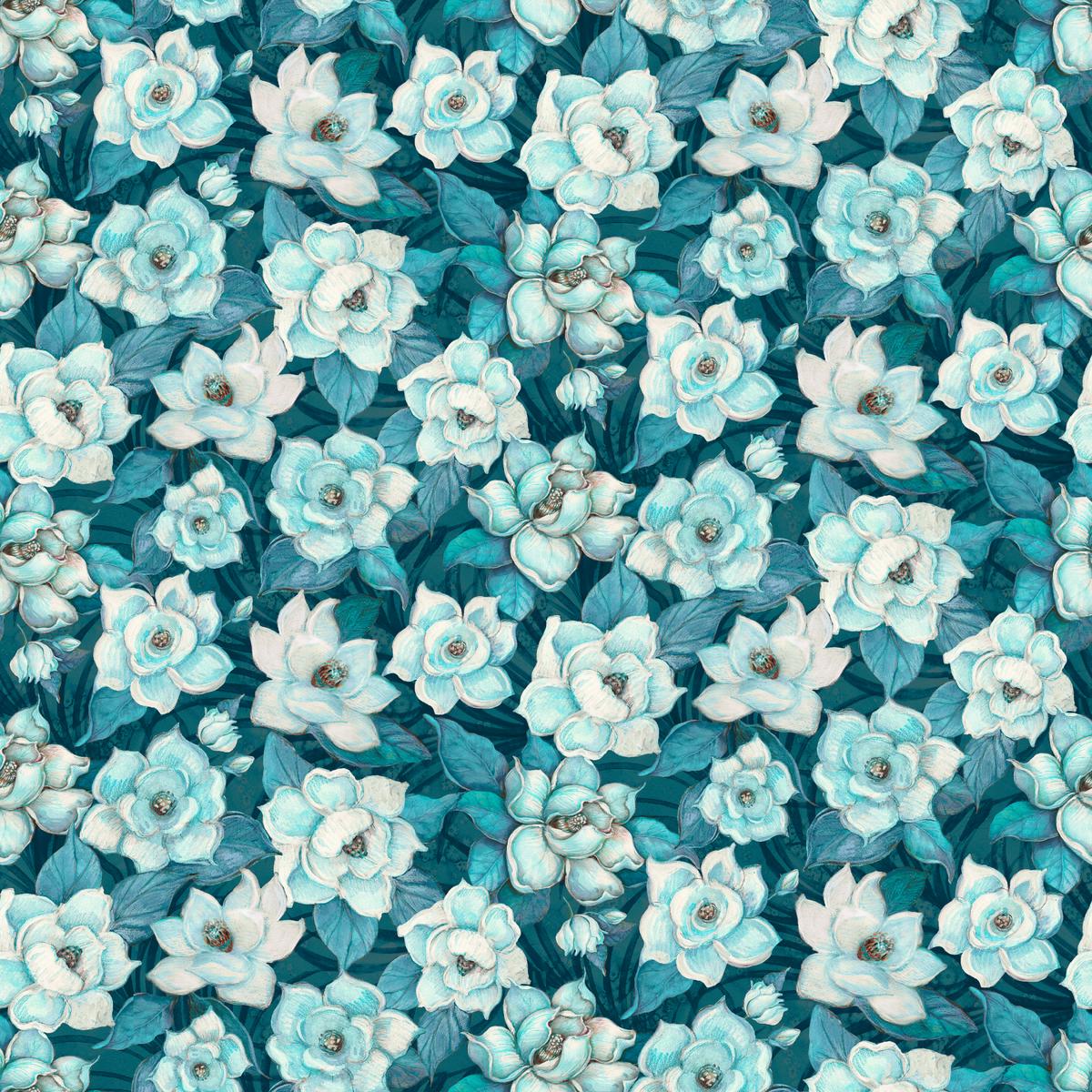 Susan Winget Garden Magnolias on Teal Fabric