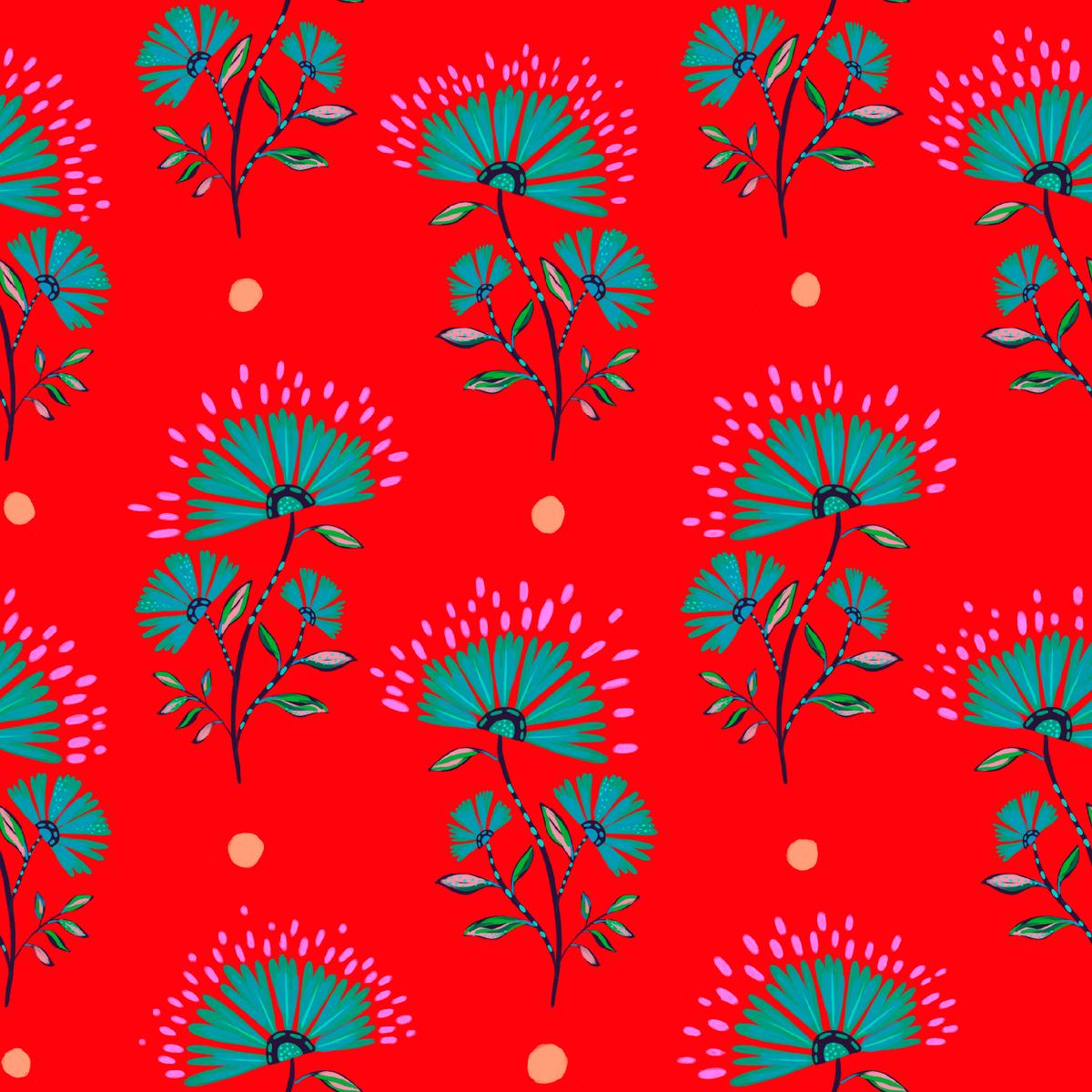 EttaVee Blooming Flowers on Red Fabric