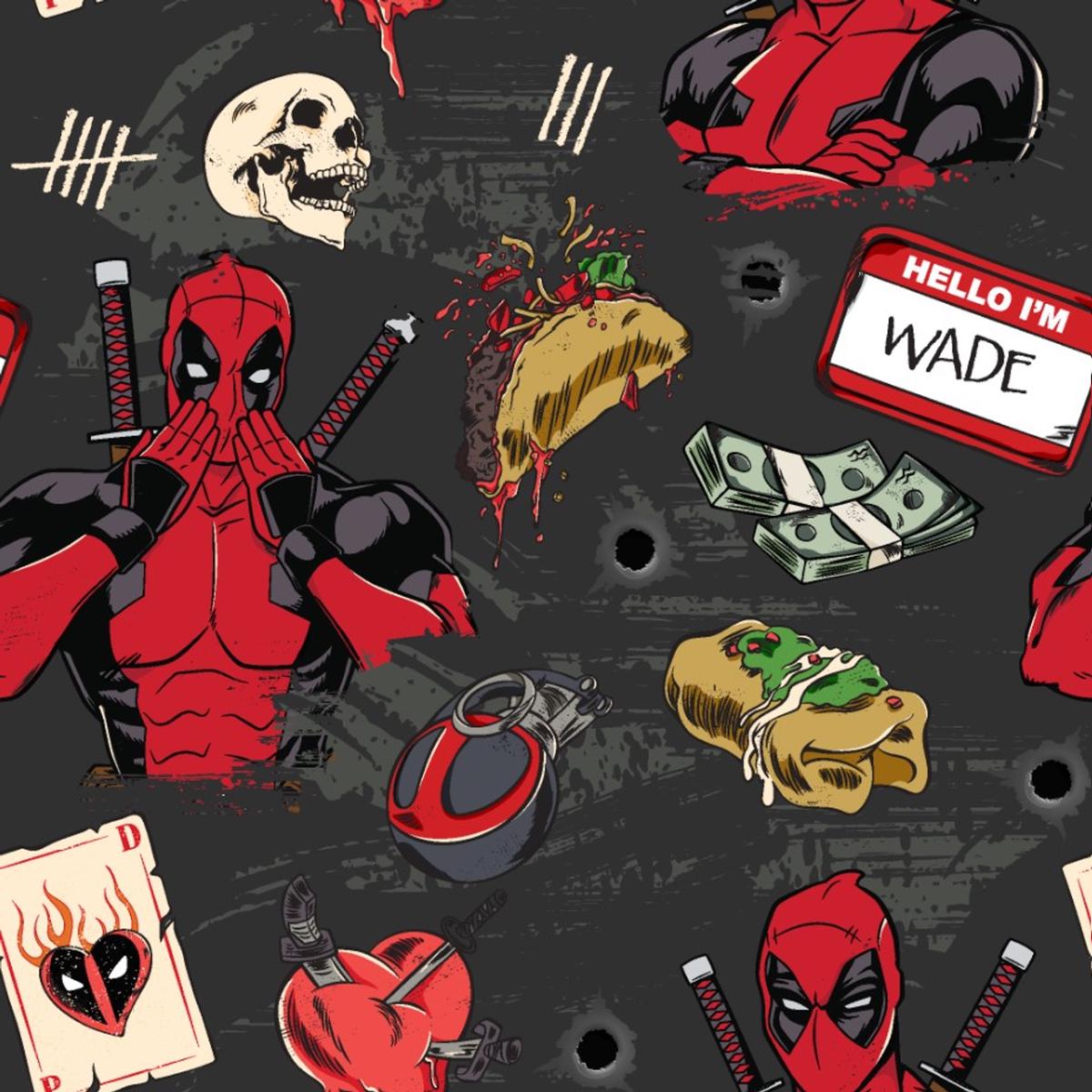 Marvel Deadpool Comic Elements on Charcoal Fabric