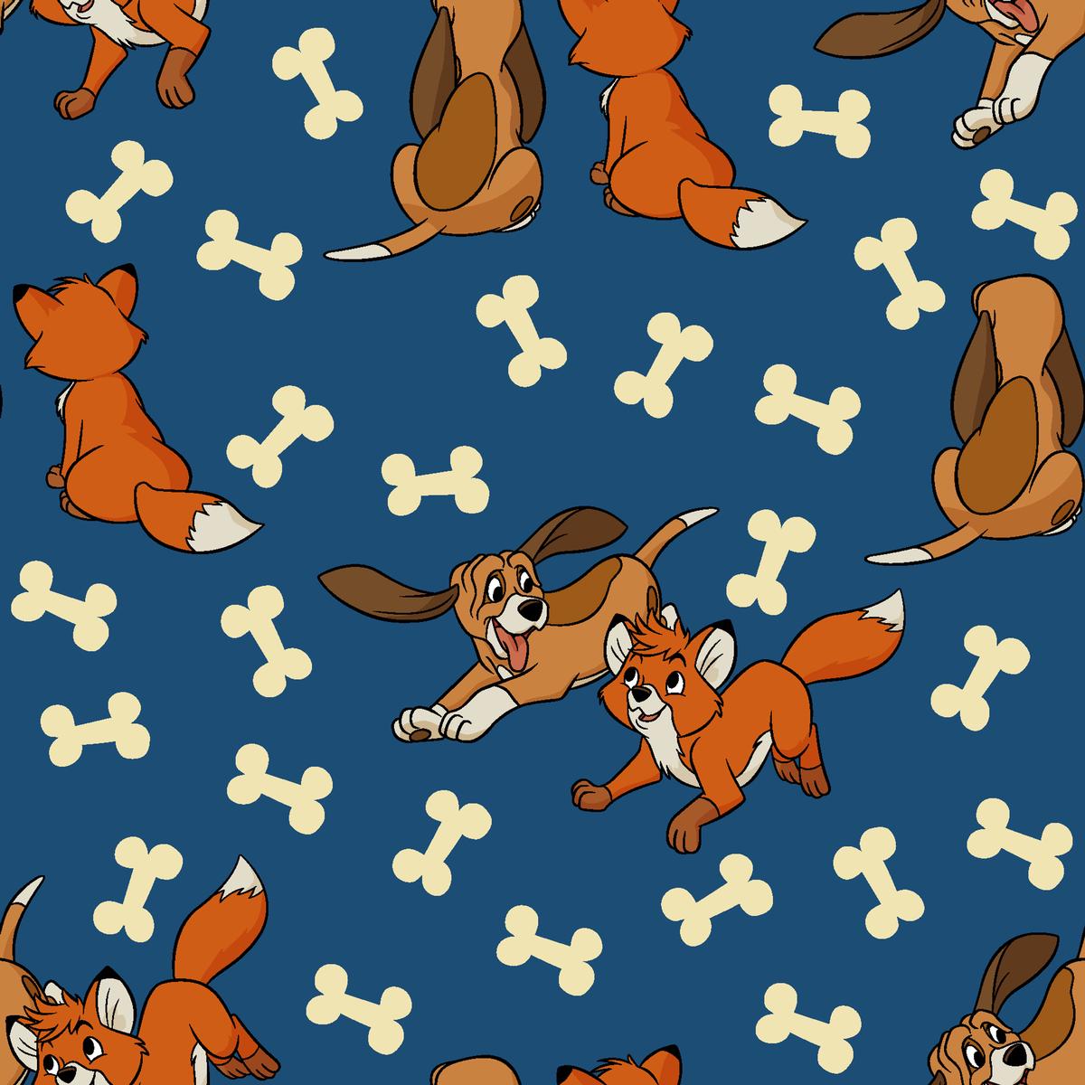 Disney Fox and the Hound Blue Playful Bones Fabric