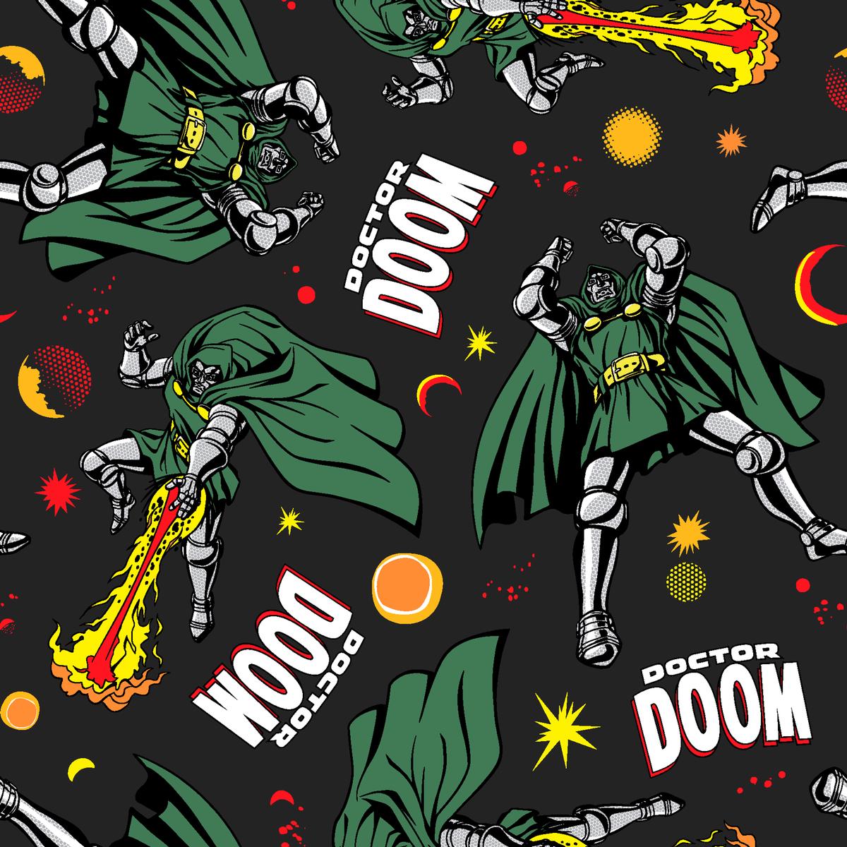 Marvel Doctor Doom Comic Bursts on Black Fabric
