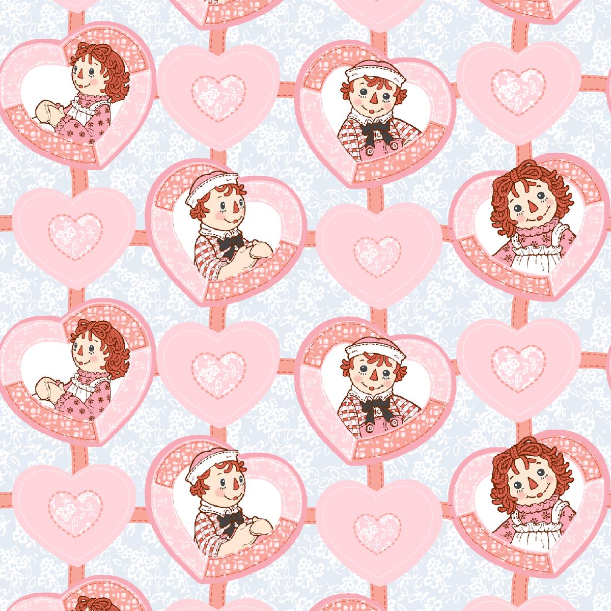 Raggedy Ann and Andy Heart Patch Pink Fabric