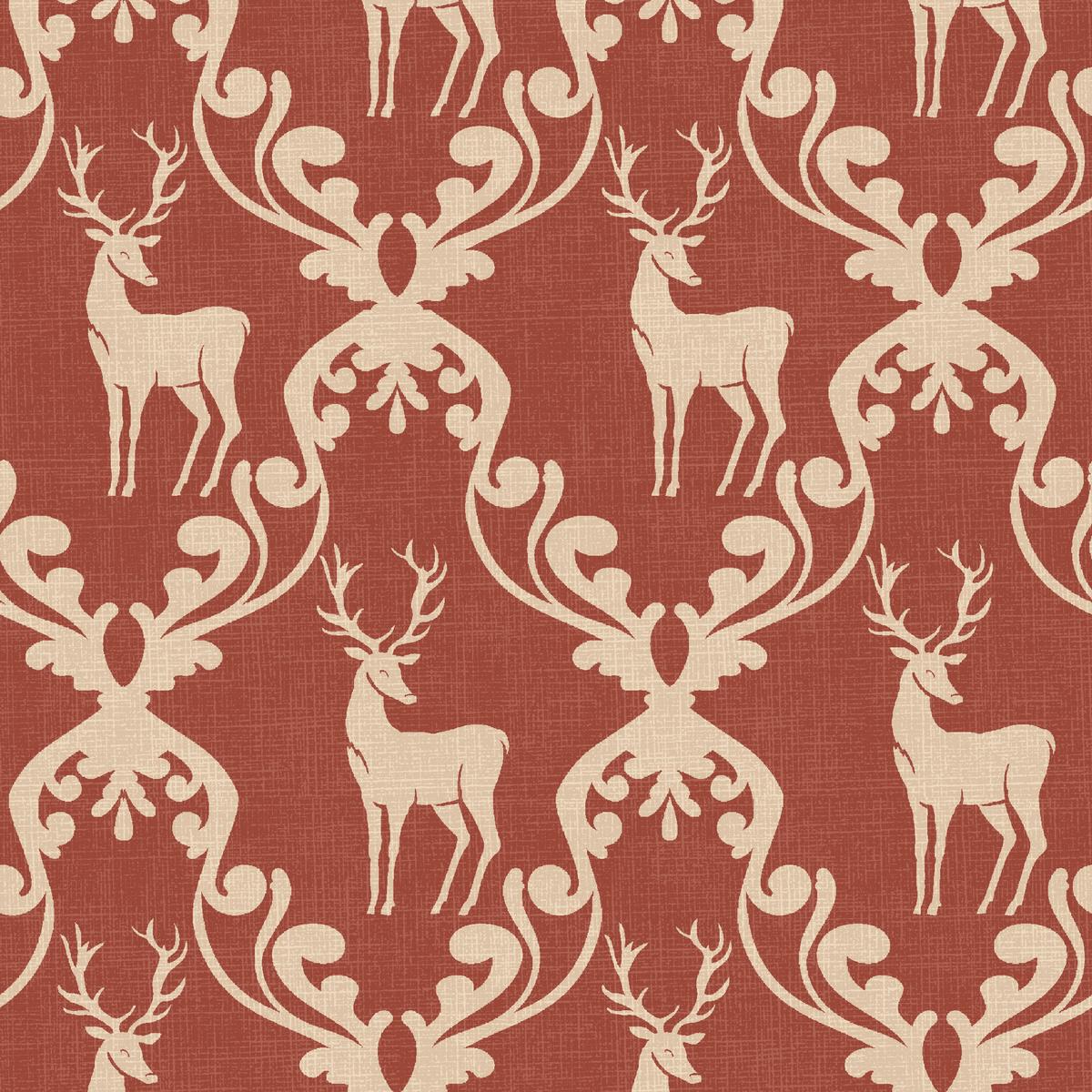 Damask Holiday Deer on Rust & Cream Fabric